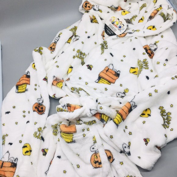 NEW Peanuts HALLOWEEN Hooded Bath Robe Snoopy Pumpkin Moon Stars Berkshire S/M - Picture 8 of 12